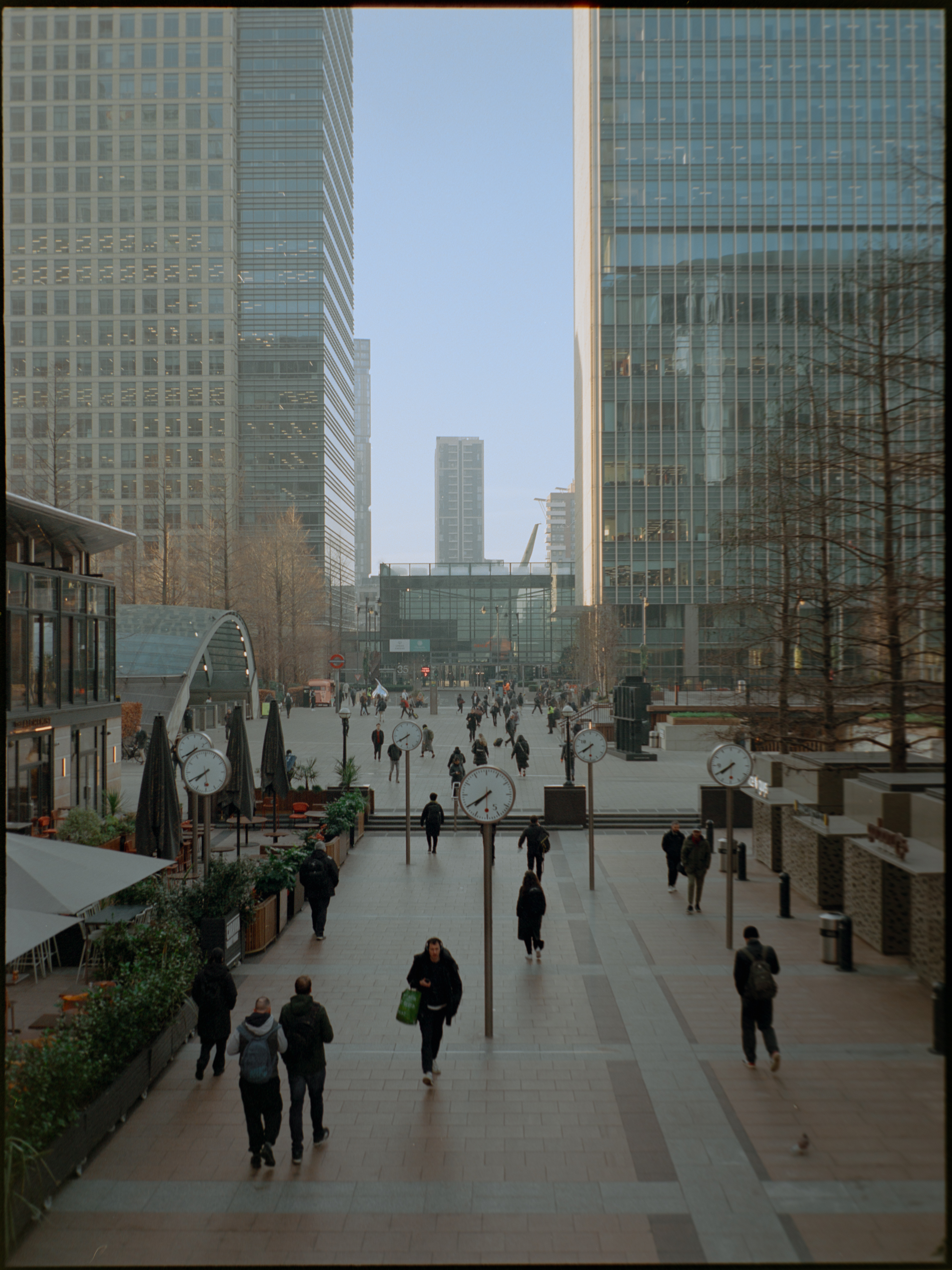 Looking up at One Canada Square tower — medium format architectural photography London