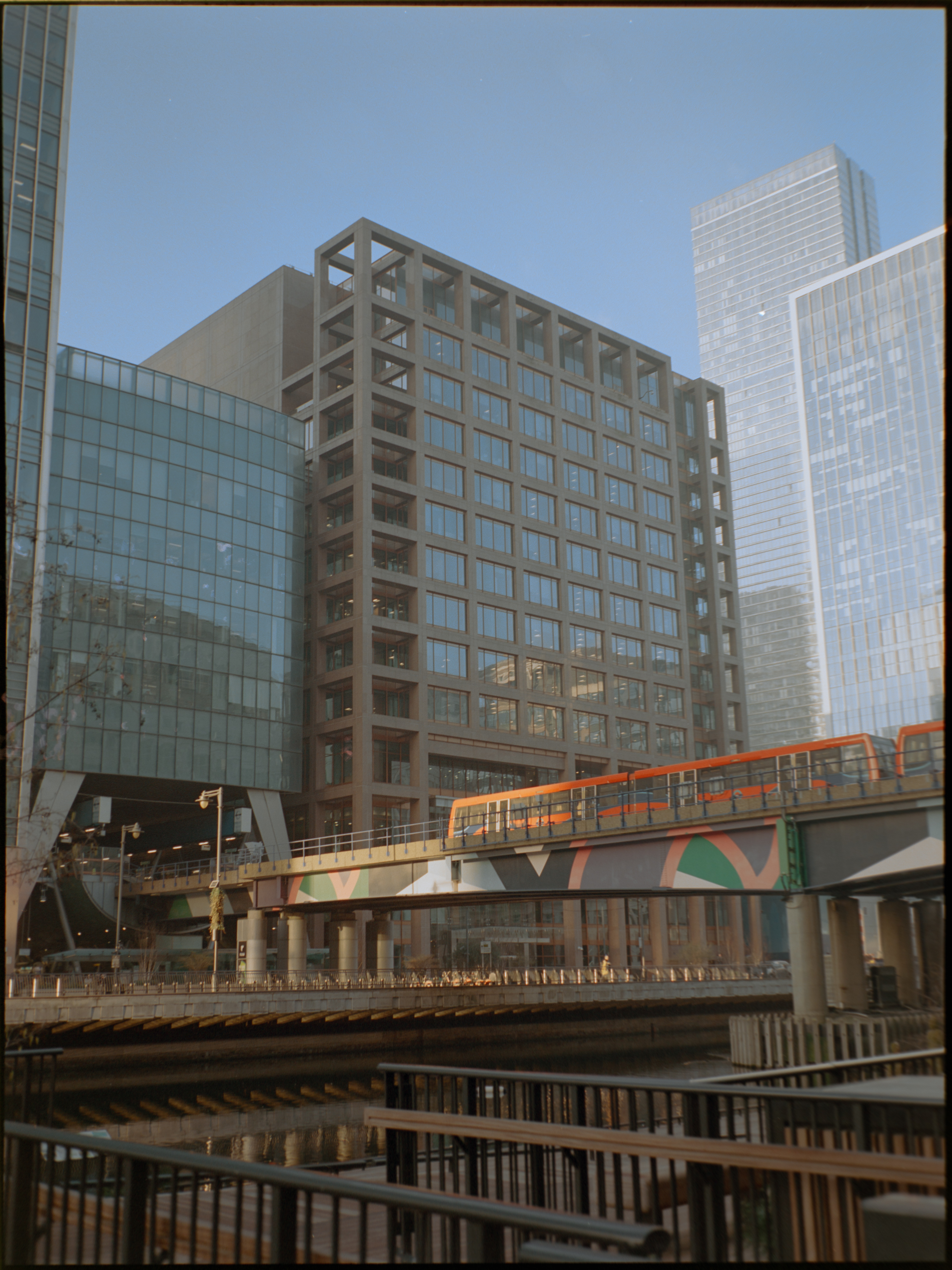 Canary Wharf skyline across the dock — Fujifilm GA645S on Kodak Portra 160