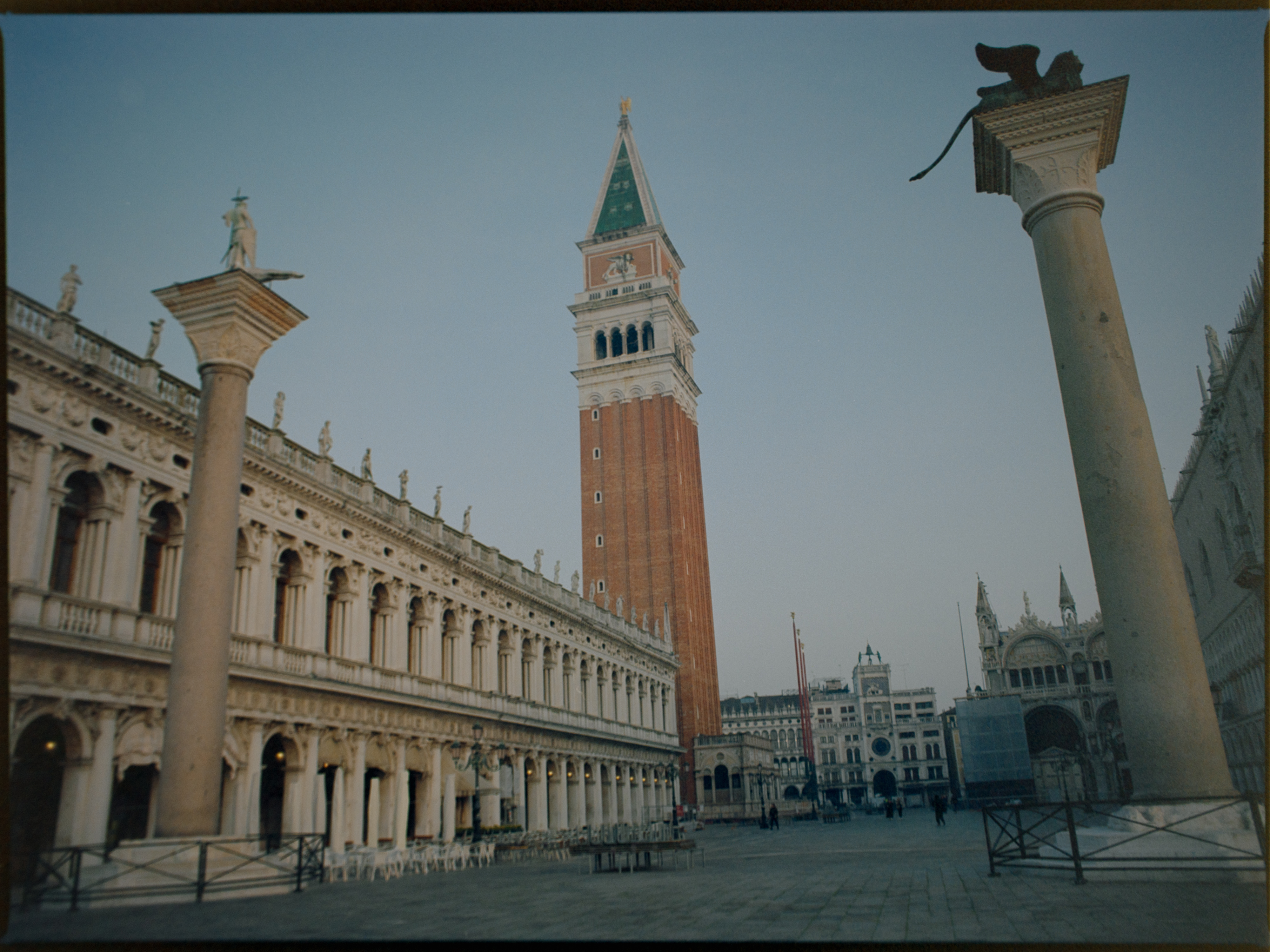 Dawn view of the Piazzetta with the Campanile centred between the two columns — Venice on Kodak Ektar 100