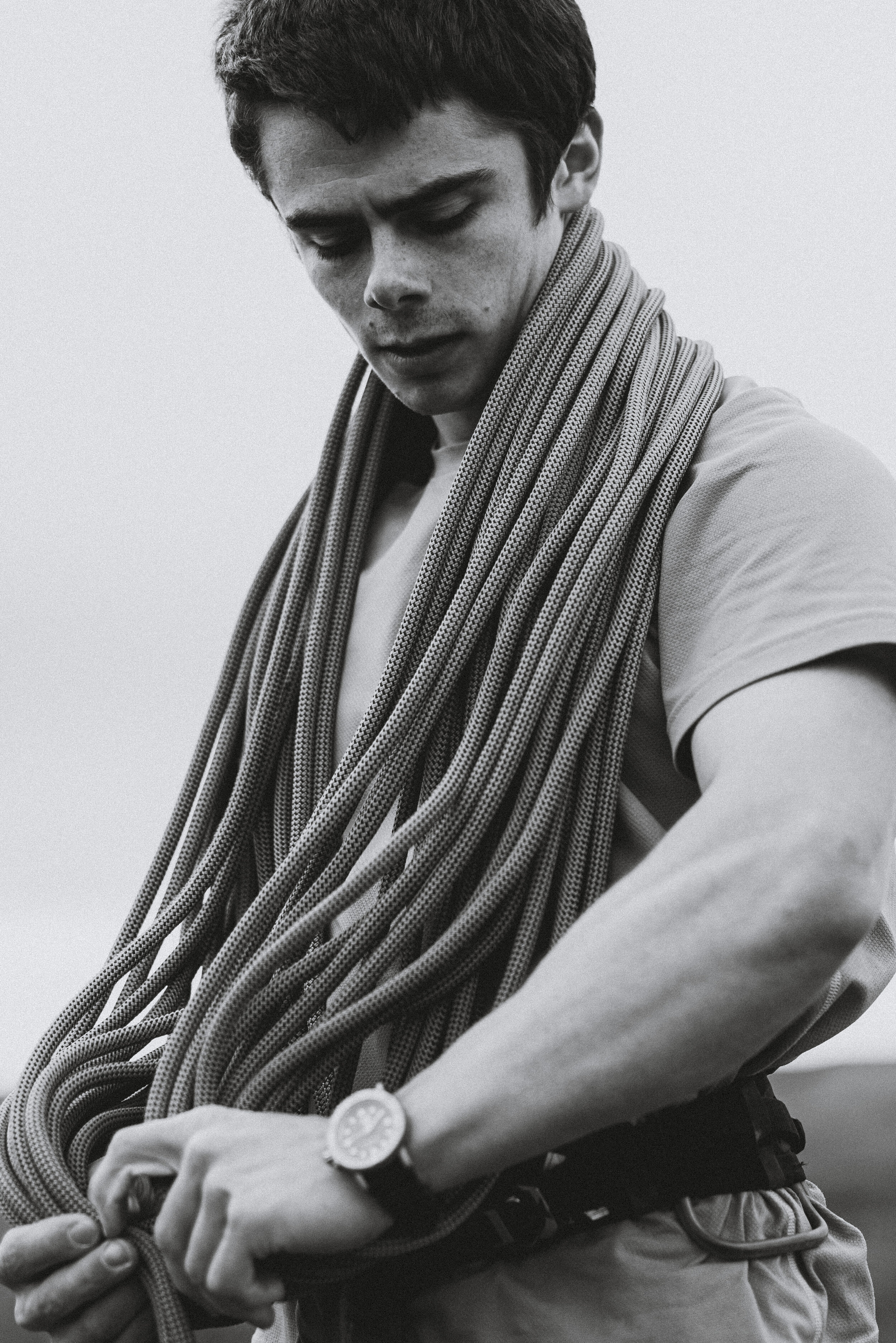 black white climber rope marloe watch portrait commercial photographer london